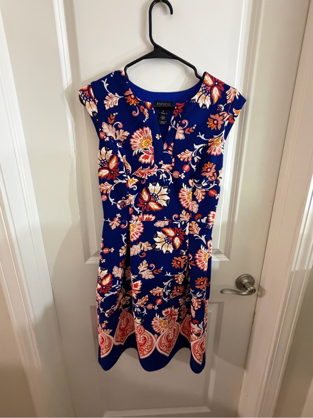 Enfocus Studio Royal Blue Floral Midi Dress with Coral Accents
